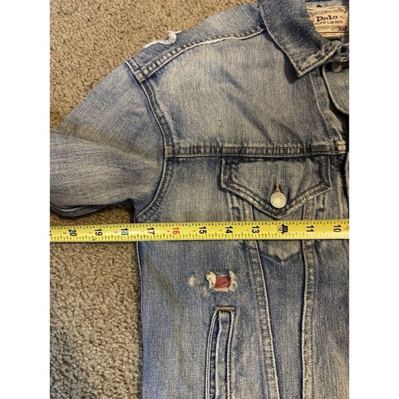 POLO RALPH LAUREN Denim Jacket Stars Patches Distressed Destroyed Equestrian XS - Picture 14 of 15